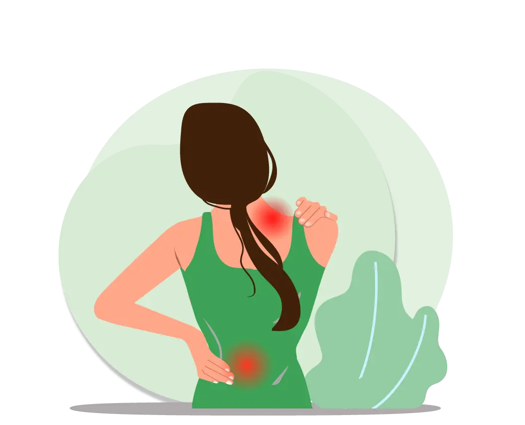 Illustration showing shoulder and lower back pain addressed through Ayurvedic detox and Panchakarma therapy