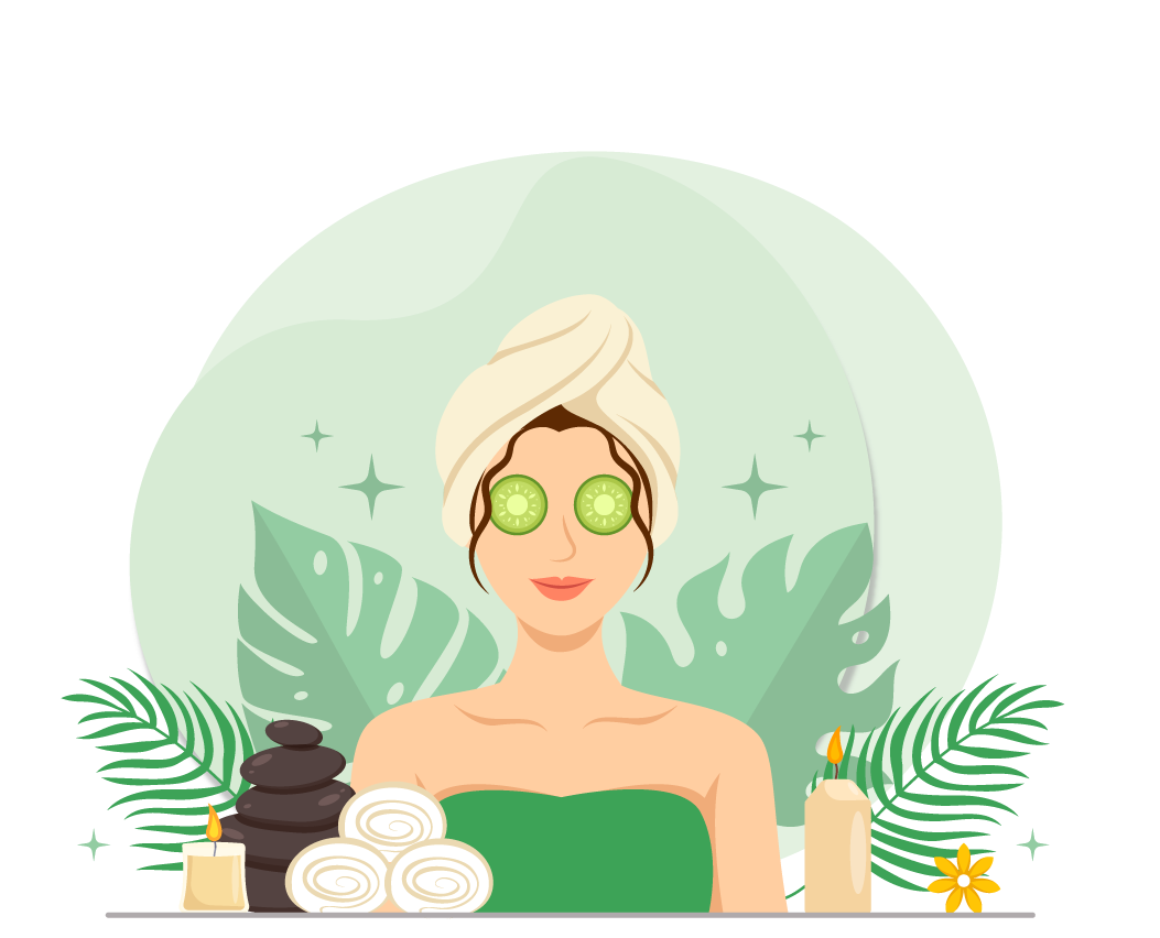Illustration representing an Ayurvedic beauty care spa treatment with natural elements and facial relaxation