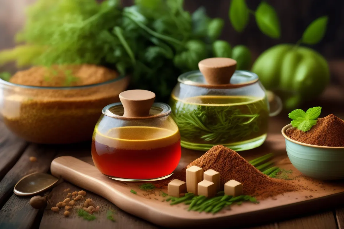 Ayurvedic herbal decoctions and natural remedies prepared with medicinal herbs and spices