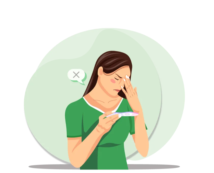 Illustration of a woman with a negative pregnancy test representing Ayurvedic treatment and Panchakarma support for infertility management